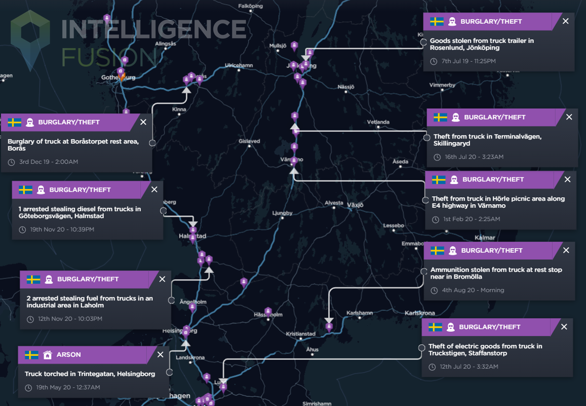 Snapshot of crime affecting trucks across southern Sweden 